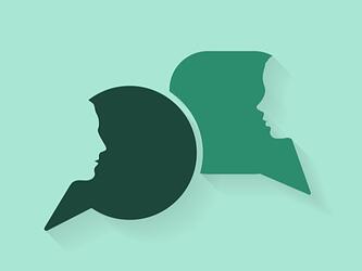 silhouettes of two people's faces in profile overlaid on different tones of green speech bubbles